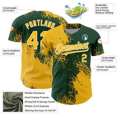 Custom Gold Green-White 3D Pattern Design Abstract Brush Stroke Authentic Baseball Jersey