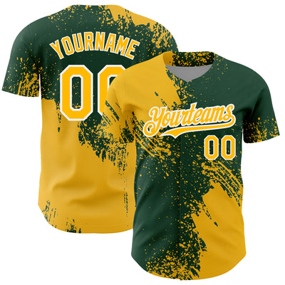 Custom Gold Green-White 3D Pattern Design Abstract Brush Stroke Authentic Baseball Jersey