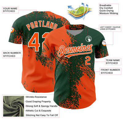 Custom Orange Green-White 3D Pattern Design Abstract Brush Stroke Authentic Baseball Jersey