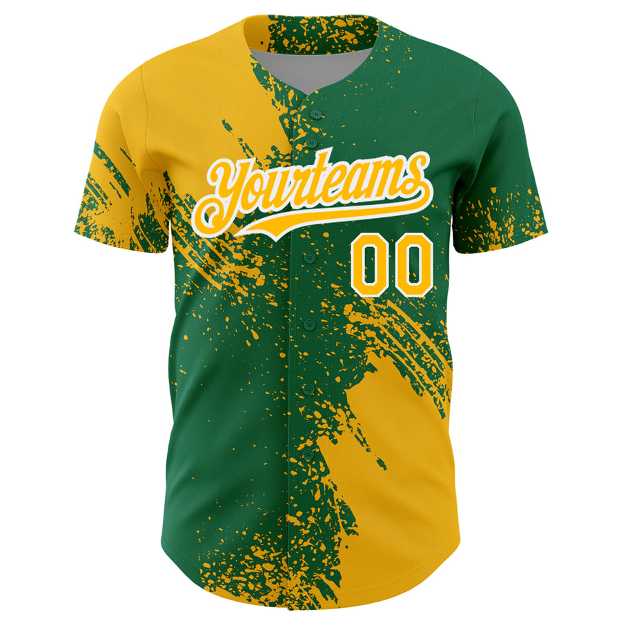 Custom Gold Kelly Green-White 3D Pattern Design Abstract Brush Stroke Authentic Baseball Jersey