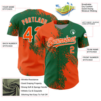 Custom Orange Kelly Green-White 3D Pattern Design Abstract Brush Stroke Authentic Baseball Jersey