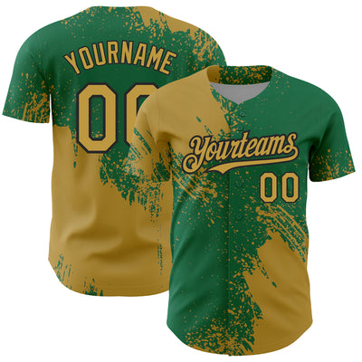 Custom Old Gold Kelly Green-Black 3D Pattern Design Abstract Brush Stroke Authentic Baseball Jersey