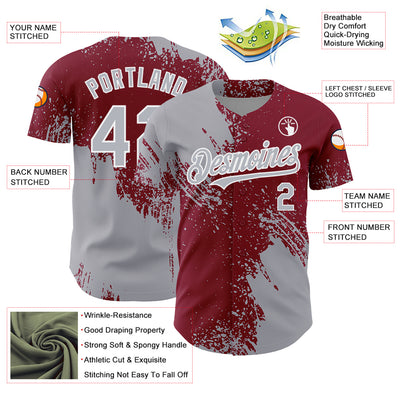 Custom Gray Crimson-White 3D Pattern Design Abstract Brush Stroke Authentic Baseball Jersey