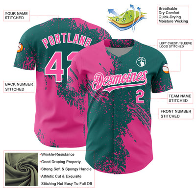 Custom Pink Teal-White 3D Pattern Design Abstract Brush Stroke Authentic Baseball Jersey