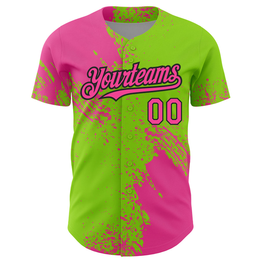 Custom Pink Neon Green-Black 3D Pattern Design Abstract Brush Stroke Authentic Baseball Jersey