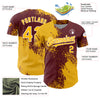 Custom Gold Burgundy-White 3D Pattern Design Abstract Brush Stroke Authentic Baseball Jersey