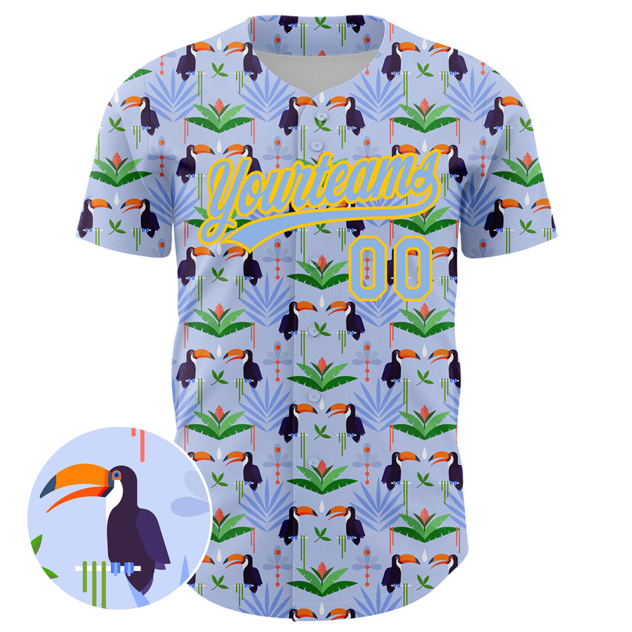 Custom Light Blue Yellow 3D Pattern Design Animal Toucan And Tropical Hawaii Palm Leaves Authentic Baseball Jersey