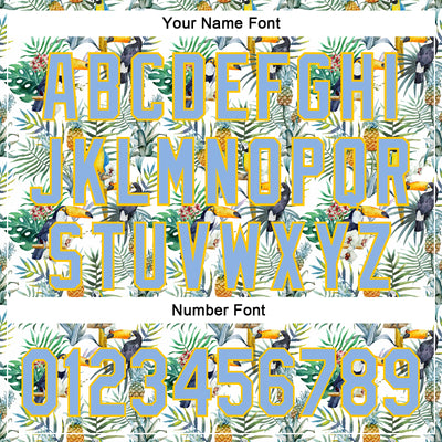 Custom White Light Blue-Yellow 3D Pattern Design Animal Toucan And Tropical Hawaii Palm Leaves Authentic Baseball Jersey