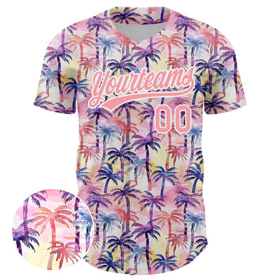 Custom Medium Pink White 3D Pattern Design Tropical Hawaii Palm Trees Authentic Baseball Jersey