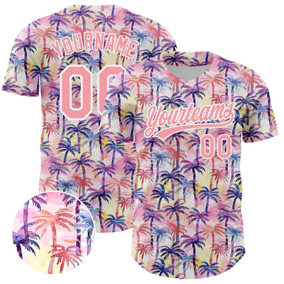 Custom Medium Pink White 3D Pattern Design Tropical Hawaii Palm Trees Authentic Baseball Jersey