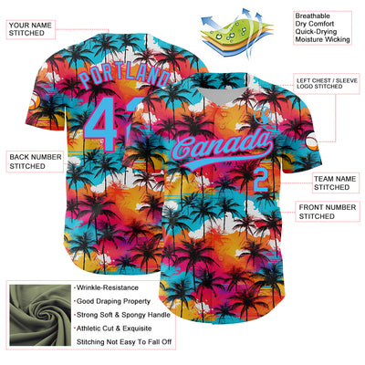 Custom Sky Blue Hot Pink 3D Pattern Design Tropical Hawaii Palm Trees Authentic Baseball Jersey