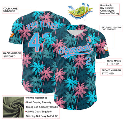 Custom Black Sky Blue-Medium Pink 3D Pattern Design Tropical Hawaii Palm Trees Authentic Baseball Jersey