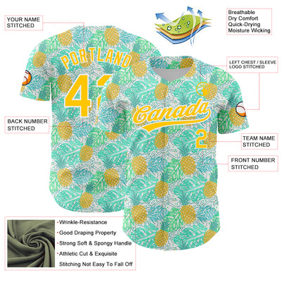 Custom Green Yellow-White 3D Pattern Design Fruit Pineapple Authentic Baseball Jersey