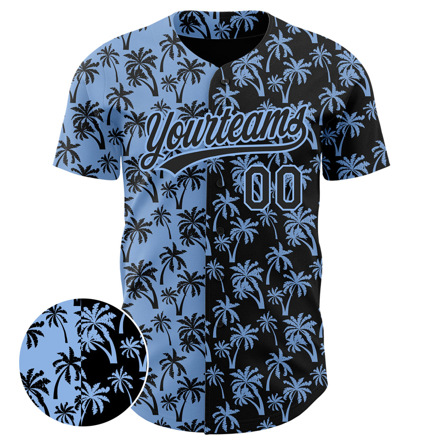 Custom Light Blue Black 3D Pattern Design Tropical Hawaii Palm Trees Authentic Baseball Jersey