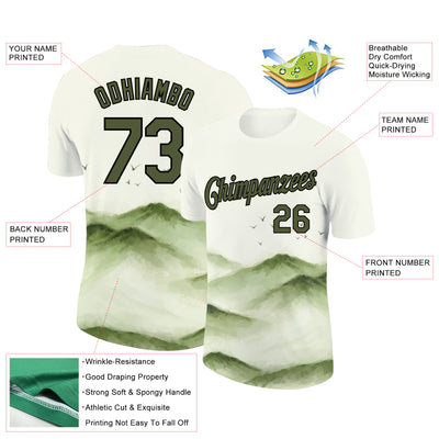 Custom White Olive-Black 3D Pattern Design Mountain Performance T-Shirt