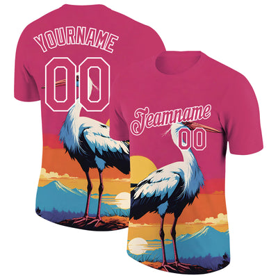 Custom Neon Pink White 3D Pattern Design Animal Crane Performance T-Shirt