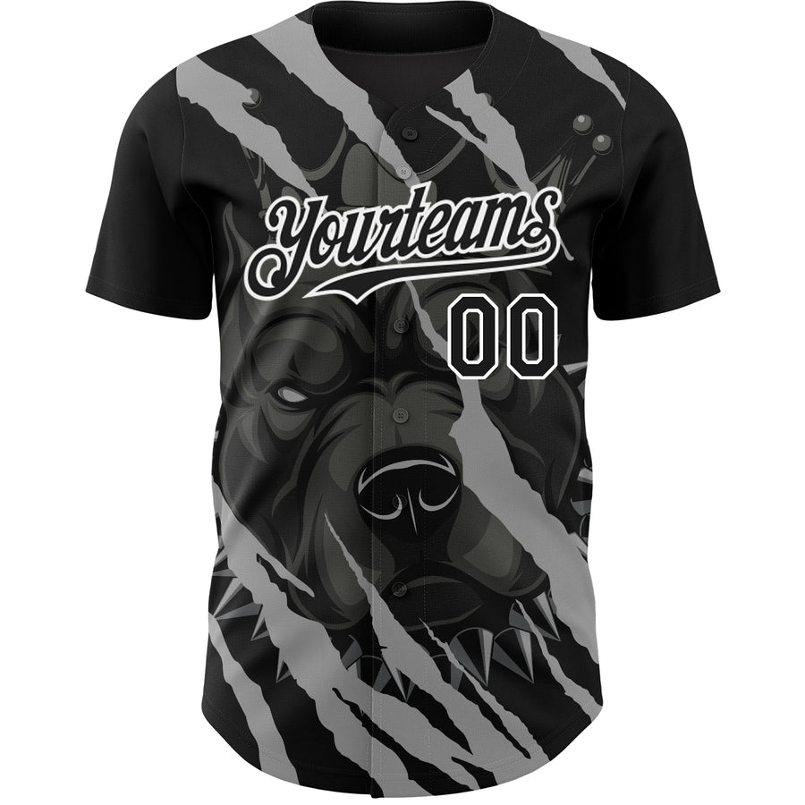 Custom Black White 3D Pattern Design Animal Pitbull Dog Authentic Baseball Jersey