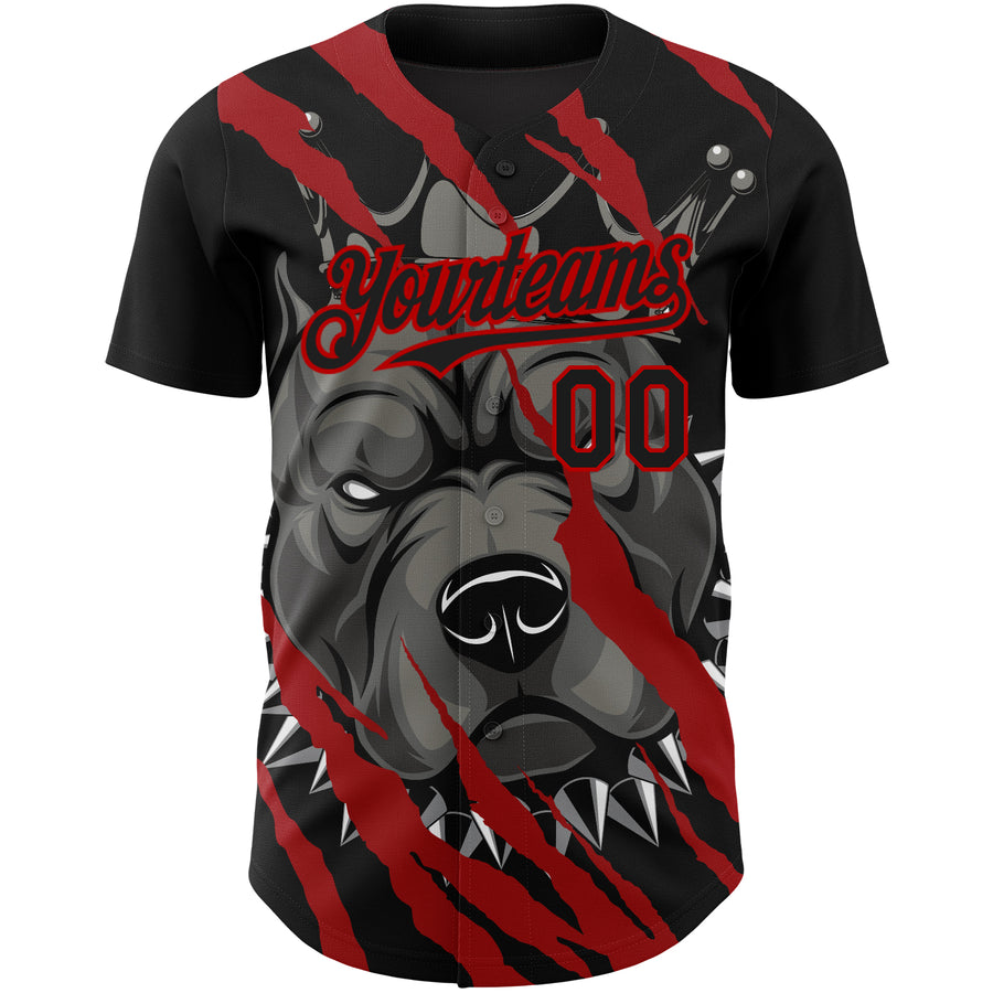 Custom Black Red 3D Pattern Design Animal Pitbull Dog Authentic Baseball Jersey