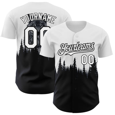 Custom White Black 3D Pattern Design Animal Wolf Authentic Baseball Jersey