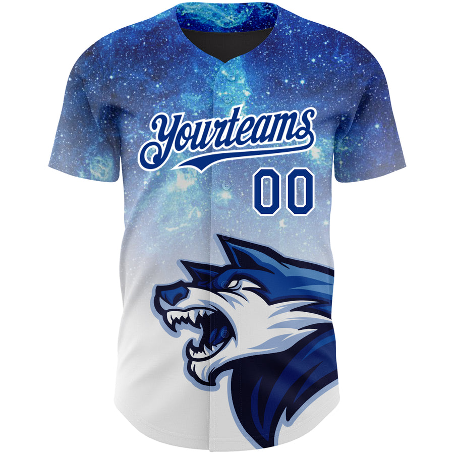 Custom Royal White 3D Pattern Design Animal Wolf Authentic Baseball Jersey