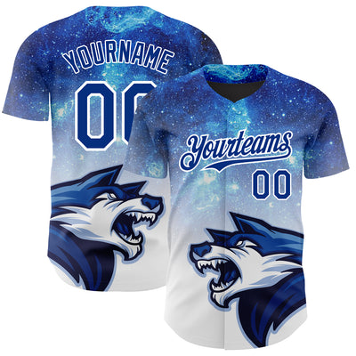 Custom Royal White 3D Pattern Design Animal Wolf Authentic Baseball Jersey