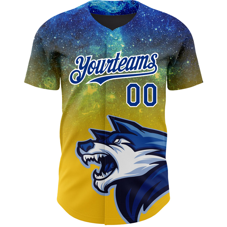 Custom Yellow Royal-White 3D Pattern Design Animal Wolf Authentic Baseball Jersey