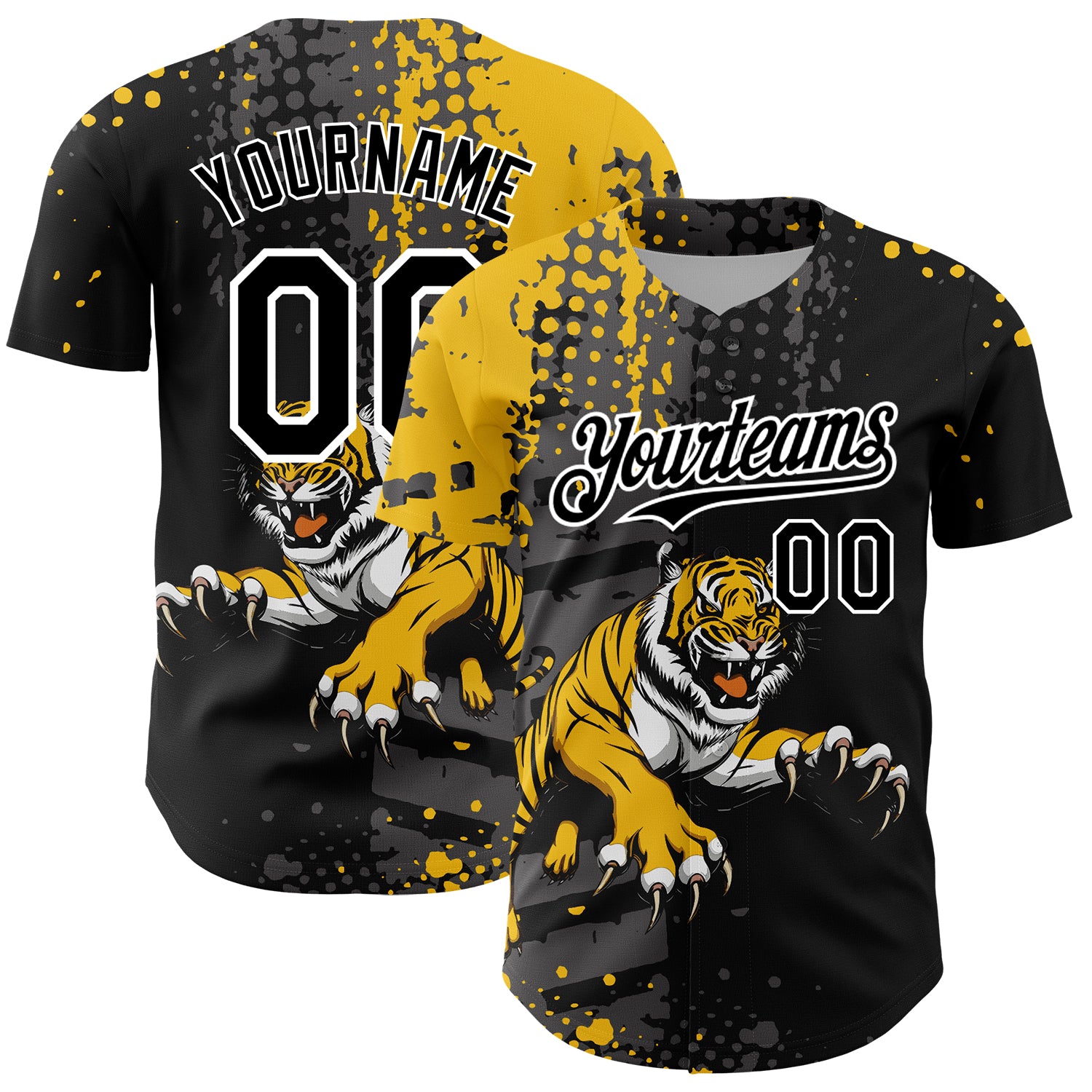 Custom Black Yellow-White 3D Pattern Design Animal Tiger Authentic Baseball Jersey