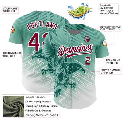 Custom Teal Crimson-White 3D Pattern Design Animal Eagle Authentic Baseball Jersey