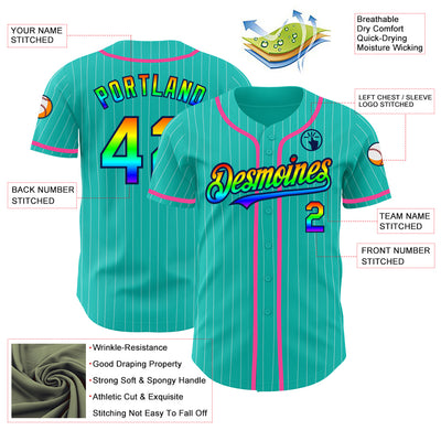 Custom Aqua White Pinstripe Rainbow Navy-Pink 3D Authentic Baseball Jersey