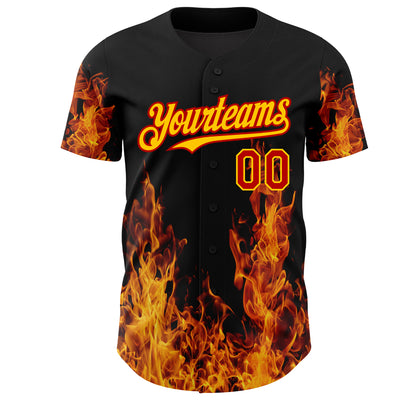 Custom Black Red-Yellow 3D Pattern Design Flame Authentic Baseball Jersey