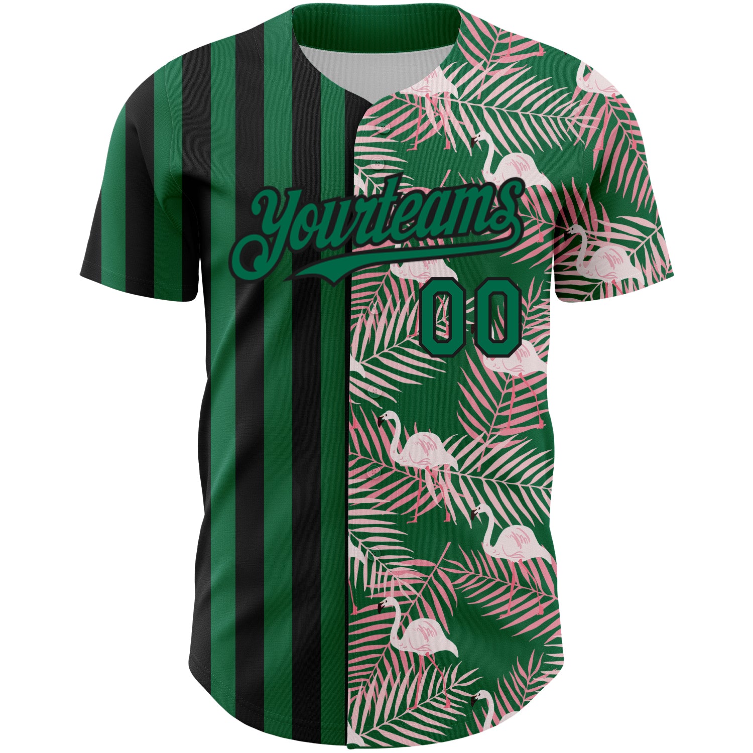 Custom Kelly Green Black 3D Pattern Design Tropical Palm Leaves And Famingo Authentic Baseball Jersey