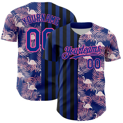 Custom Royal Pink-Black 3D Pattern Design Tropical Palm Leaves And Famingo Authentic Baseball Jersey