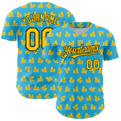 Custom Sky Blue Yellow-Black 3D Pattern Design Duck Authentic Baseball Jersey