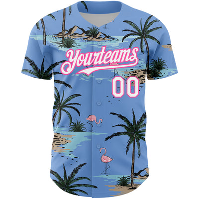 Custom Light Blue White-Pink 3D Pattern Design Tropical Hawaii Palm Trees Authentic Baseball Jersey