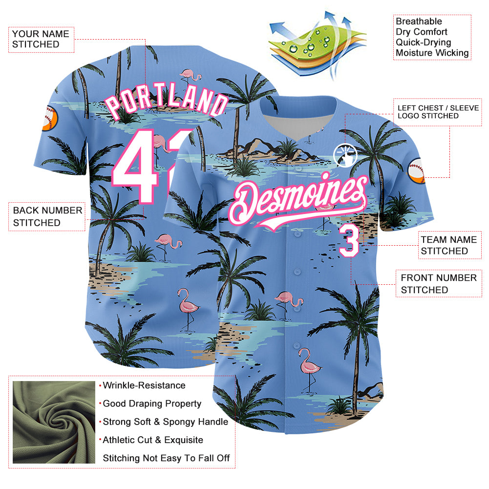 Custom Light Blue White-Pink 3D Pattern Design Tropical Hawaii Palm Trees Authentic Baseball Jersey