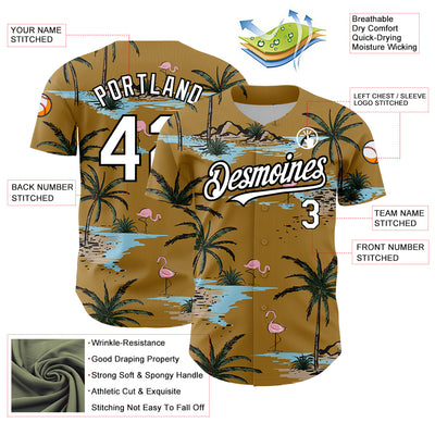 Custom Old Gold White-Black 3D Pattern Design Tropical Hawaii Palm Trees Authentic Baseball Jersey