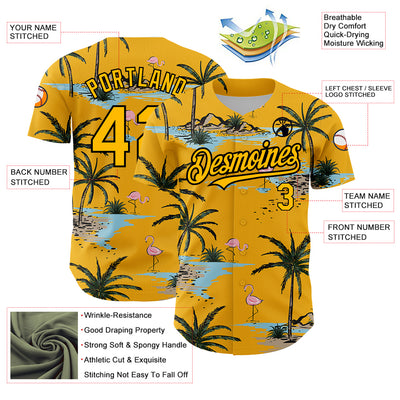 Custom Yellow Black 3D Pattern Design Tropical Hawaii Palm Trees Authentic Baseball Jersey