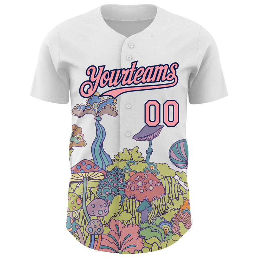 Custom White Medium Pink-Navy 3D Pattern Design Colorful Flowers And Mushrooms Psychedelic Hallucination Authentic Baseball Jersey