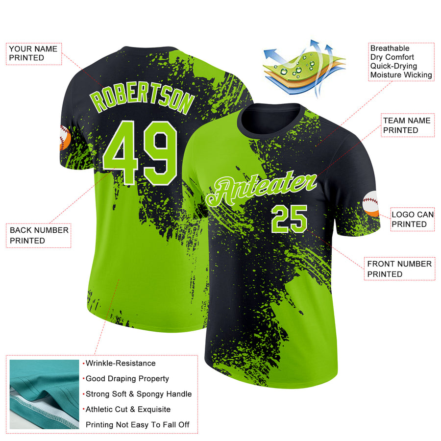 Custom Neon Green Black-White 3D Pattern Design Abstract Brush Stroke Performance T-Shirt