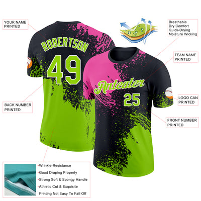 Custom Pink Neon Green-Black 3D Pattern Design Abstract Brush Stroke Performance T-Shirt