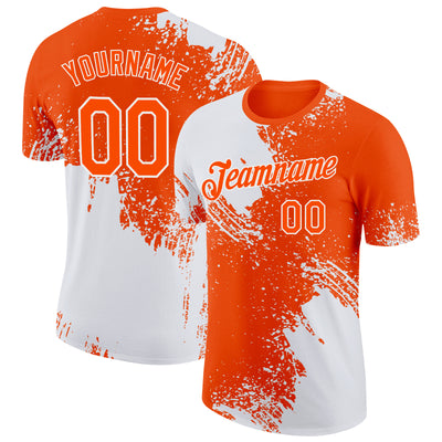 Custom White Orange 3D Pattern Design Abstract Brush Stroke Performance T-Shirt