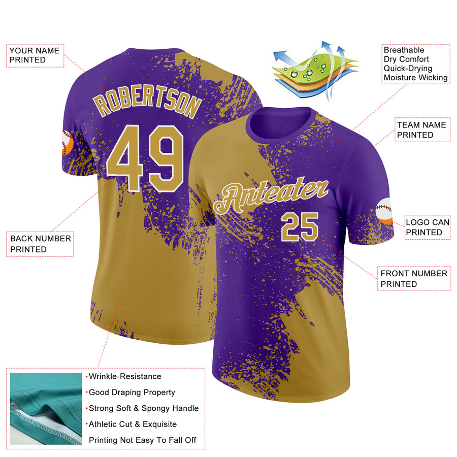 Custom Old Gold Purple-White 3D Pattern Design Abstract Brush Stroke Performance T-Shirt