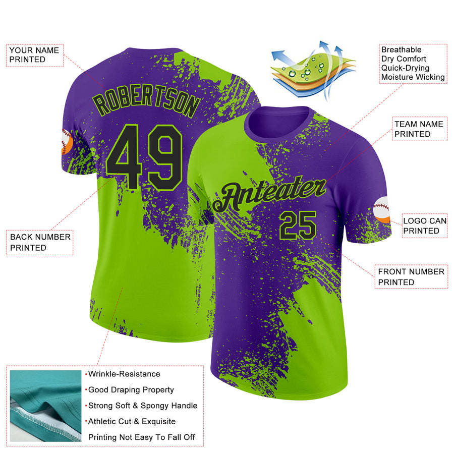 Custom Neon Green Black-Purple 3D Pattern Design Abstract Brush Stroke Performance T-Shirt