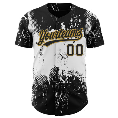 Custom Black White-Old Gold 3D Pattern Design Abstract Splatter Grunge Art Authentic Baseball Jersey