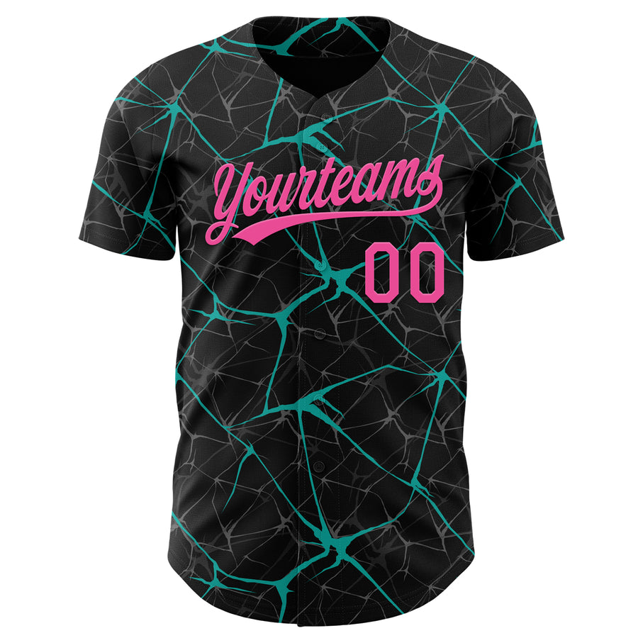 Custom Black Pink-Aqua 3D Pattern Design Abstract Network Authentic Baseball Jersey