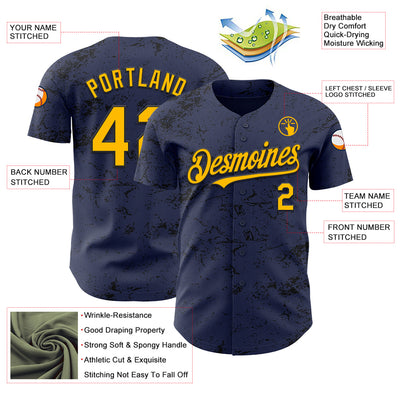 Custom Navy Gold-Black 3D Pattern Design Abstract Splatter Texture Authentic Baseball Jersey