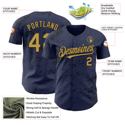 Custom Navy Old Gold-Black 3D Pattern Design Abstract Splatter Texture Authentic Baseball Jersey