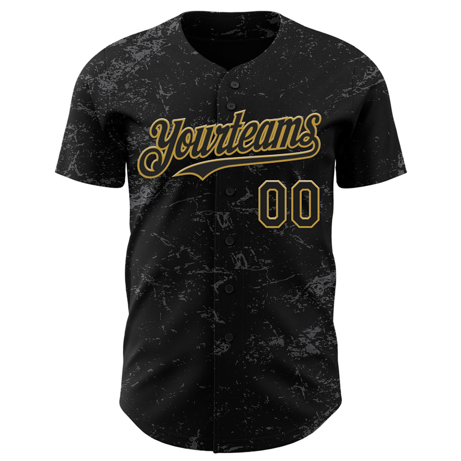 Custom Black Old Gold-Steel Gray 3D Pattern Design Abstract Splatter Texture Authentic Baseball Jersey