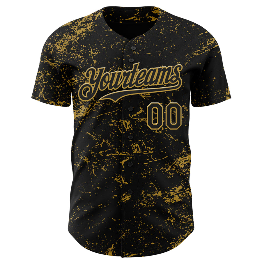 Custom Black Old Gold 3D Pattern Design Abstract Splatter Texture Authentic Baseball Jersey