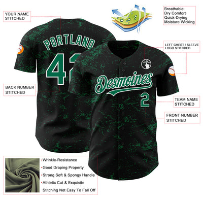 Custom Black Kelly Green-White 3D Pattern Design Abstract Splatter Texture Authentic Baseball Jersey